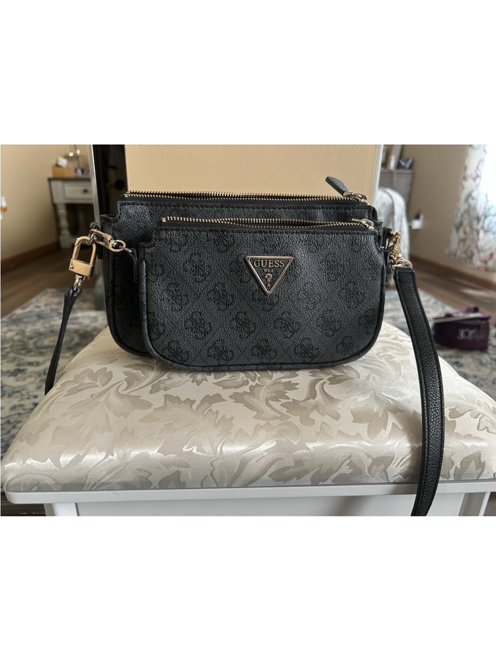 GUESS Black Logo Triple-Pocket Crossbody with Gold Hardware